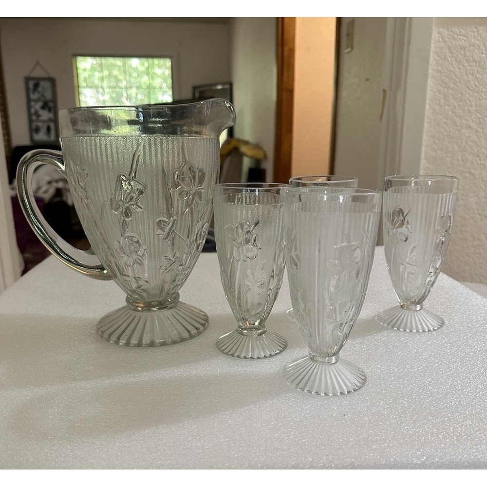 Vtg Clear Depression Glass Jeanette Iris & Herringbone Pitcher & 4 Tall Glasses